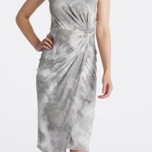 nine britton One-Shoulder Ruched Gray Tie-Dye Sheath Dress